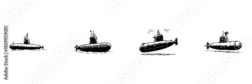 Submarine Doodle Sketch Set. Nautical Exploration And Underwater Navigation In Hand Drawn Style Collection. Marine Technology And Oceanic Adventure. Isolated Vector Illustration