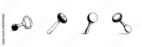 Baby Rattles Doodle Sketch Set. Infant Toys And Early Childhood Development In Hand Drawn Style Collection. Playful And Educational Tools. Hand Drawn Isolated Vector Illustration