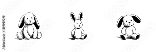 Stuffed Bunny Toys Doodle Sketch Set. Cute Plush Rabbit Illustrations In Hand Drawn Style Collection. Adorable Children Toy Design. Hand Drawn Isolated Vector Illustration