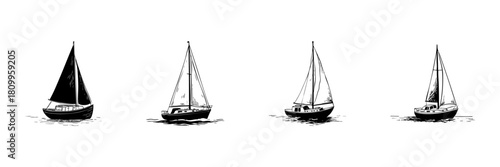 Sailboat Doodle Sketch Set. Nautical Adventure And Maritime Exploration In Hand Drawn Style Collection. Vintage Sailing Vessels On Water. Isolated Vector Illustration
