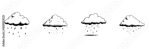 Clouds With Rain And Snowflakes Doodle Sketch Set. Weather Patterns And Atmospheric Conditions In Hand Drawn Style Collection. Meteorological Symbols. Hand Drawn Isolated Vector Illustration