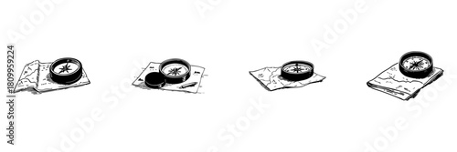 Compass And Map Doodle Sketch Set. Navigation And Exploration Tools In Hand Drawn Style Collection. Adventure And Travel Planning. Isolated Vector Illustration