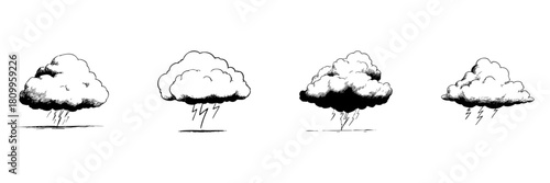 Clouds With Lightning Doodle Sketch Set. Weather Phenomena And Storm Illustration In Hand Drawn Style Collection. Atmospheric Conditions And Thunderstorm Symbols. Isolated Vector Illustration