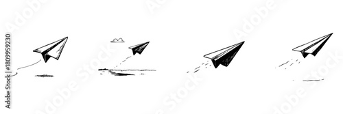 Paper Airplane Flight Doodle Sketch Set. Creativity, Imagination, And Freedom In Hand Drawn Style Collection. Symbolizing Exploration And Innovation. Hand Drawn Isolated Vector Illustration