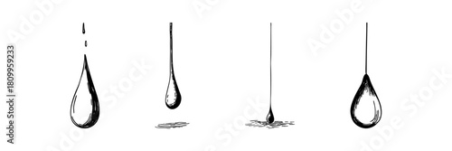 Water Droplet Sequence Doodle Sketch Set. Fluid Dynamics And Liquid Motion In Hand Drawn Style Collection. Evaporation And Surface Tension Illustration. Isolated Vector Illustration