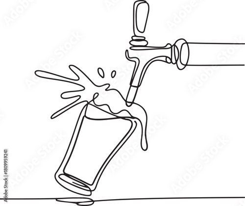 Continuous Line Art Illustration of Beer Pouring from Tap with Splash Effect Realistic Handcrafted Minimal Style