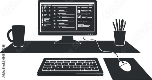 Minimalist black and white vector illustration of a modern office workspace featuring a computer, keyboard, mouse, and stationery for digital work