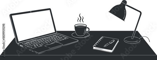 Minimalist black and white vector illustration of a modern workspace featuring a laptop, coffee cup, notebook, and desk lamp
