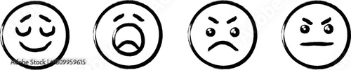 Four simple hand drawn emotional faces expressing happy shocked angry and neutral