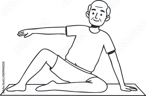 Line art illustration of a senior man performing a stretching exercise on a yoga mat for health and wellness.
