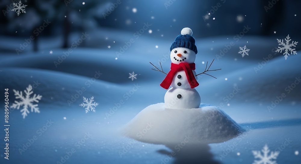 Fototapeta premium Cute snowman wearing blue hat and red scarf in snowy landscape with falling snowflakes winter christmas