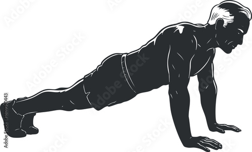 Silhouette vector illustration of an elderly man performing a push-up exercise, emphasizing fitness and health for seniors.