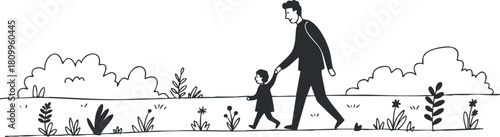 Minimalist black and white vector illustration of a parent walking with a child in a nature setting