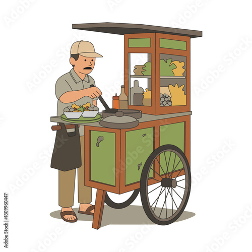 Vector illustration of a traditional Indonesian meatball seller (bakso vendor) pushing a street food cart. Created in a clean and colorful flat style.