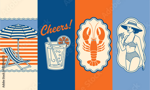 Woman in bikini under hat, cocktail, beach chair, and lobster represent summer