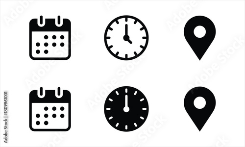 Black and white icons depicting time management with calendars, clocks, and location markers