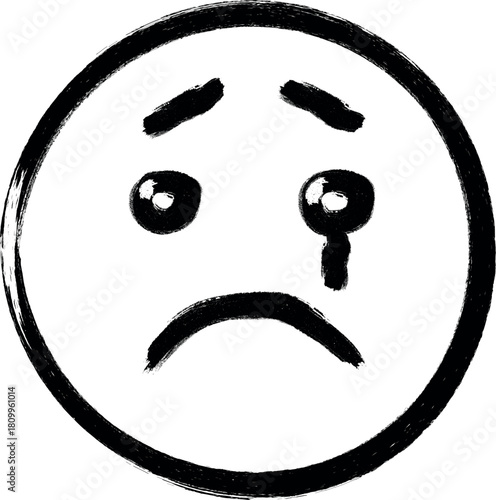 Distressed emoji with a tear hand drawn style black and white