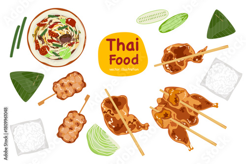 A vibrant set of popular Thai street food vector illustrations such as spicy papaya salad, marinated grilled chicken and sweet sticky rice. Perfect for menu designs, posters and food illustrations.