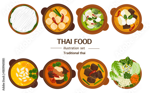 Khanom Jeen Curry with Coconut Milk.Top-view vector set of traditional Thai curries, noodles, herbs, and fresh vegetables. Perfect for menu design, packaging, posters, and Asian food illustrations.