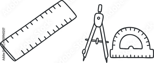 Minimalist black and white vector illustration of geometry tools including a ruler, compass, and protractor for educational and design purposes