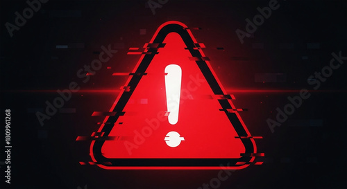 Red warning triangle with glitch effect and exclamation mark on dark background alert danger