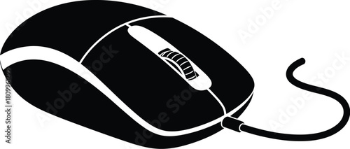 A simple black and white illustration of a computer mouse with a cable
