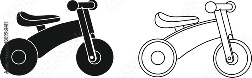 Two balance bike illustrations shown in black and white line art style
