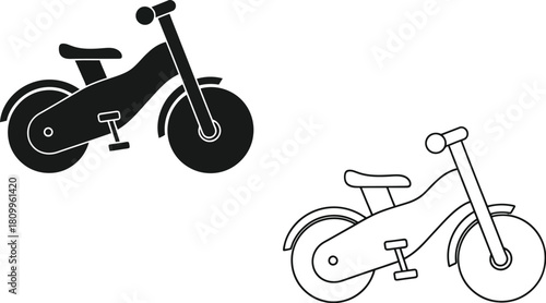 Black and white line drawings depicting a balance bike and bicycle