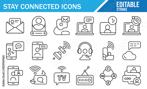 Minimal outline icons of messaging, calling, and wireless networks