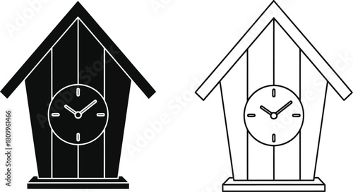 Two black and white illustrations of vintage birdhouses with clocks