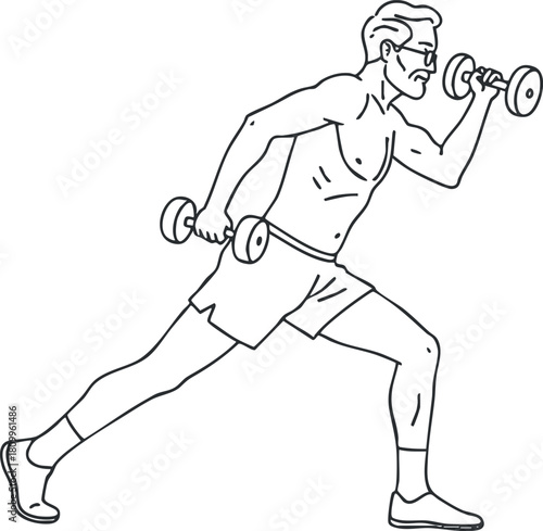 Outline vector illustration of a muscular man performing a bicep curl exercise with dumbbells for fitness and health projects