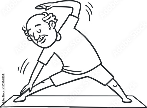 Playful line art illustration of a senior man practicing yoga with a joyful expression, ideal for health and wellness themes