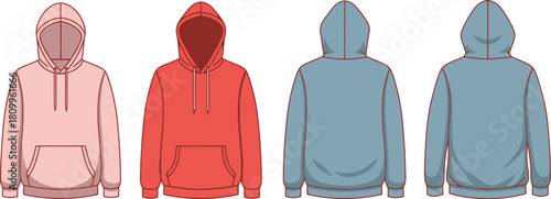 A technical illustration showcasing four colored hoodies in varying views