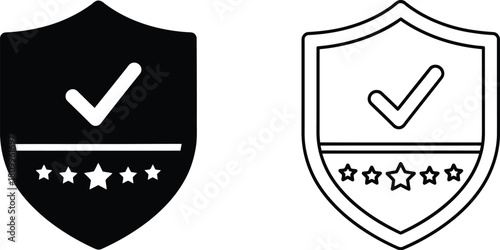Black and white shield icons with checkmarks and star ratings depicted