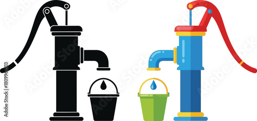 Two water pumps with buckets one in color and one in monochrome