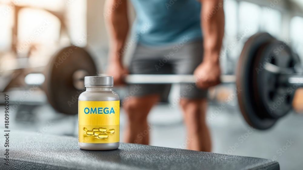 Fototapeta premium Omega Supplement Bottle in Gym Environment