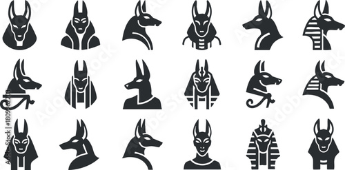 Stylized vector collection of Anubis and dog-headed figures, featuring modern black and white designs for cultural and artistic projects