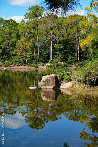 Looking vertically at a pond with boulders reflected in the water