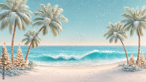 Snowy Tropical Beach with Christmas Trees and Palm Trees in Winter Fantasy Scene