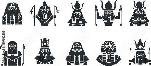 Stylized black and white vector illustration of Egyptian deities and pharaohs icons set for cultural and historical projects