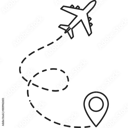Plan your adventure with an airplane flying to a map pin location icon design