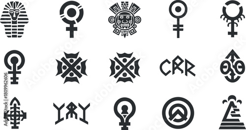 Set of tribal and mystical vector symbols in black and white for cultural and artistic design projects