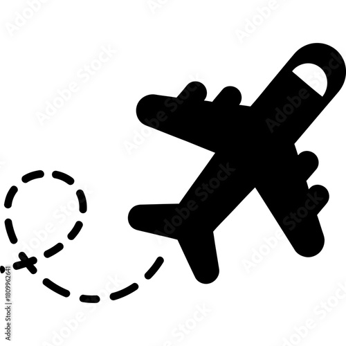 Whimsical airplane icon soaring with dashed route path for travel adventures