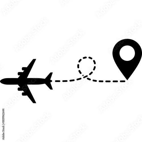 Dreaming of travel adventures? Airplane flying toward destination with dashed line path