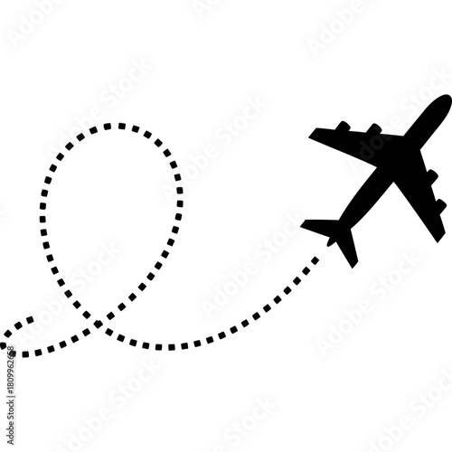 Airplane soars through sky leaving dotted trail, ideal for travel and destinations