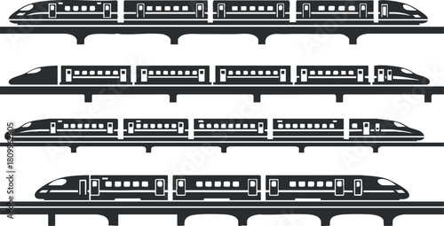 Clean black and white vector illustration of modern high-speed train set collection for transport and travel projects