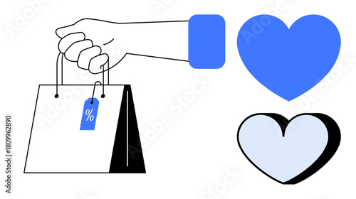 Hand gripping shopping bag with discount tag, large and small heart shapes, symbolizing shopping, love, sales. Ideal for retail, customer loyalty, fashion, marketing e-commerce relationships