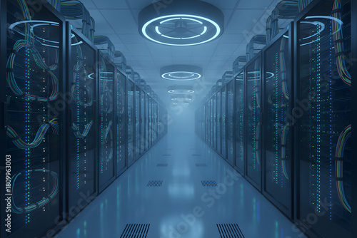 futuristic datacenter corridor with server racks and blue network lights
