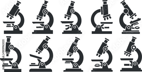 Collection of black and white vector icons depicting various microscope designs for educational and scientific applications