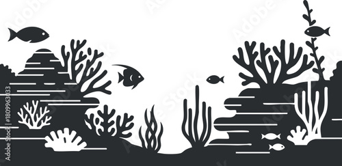 Stylized vector illustration of an underwater scene featuring coral reefs and various fish in a minimalist design